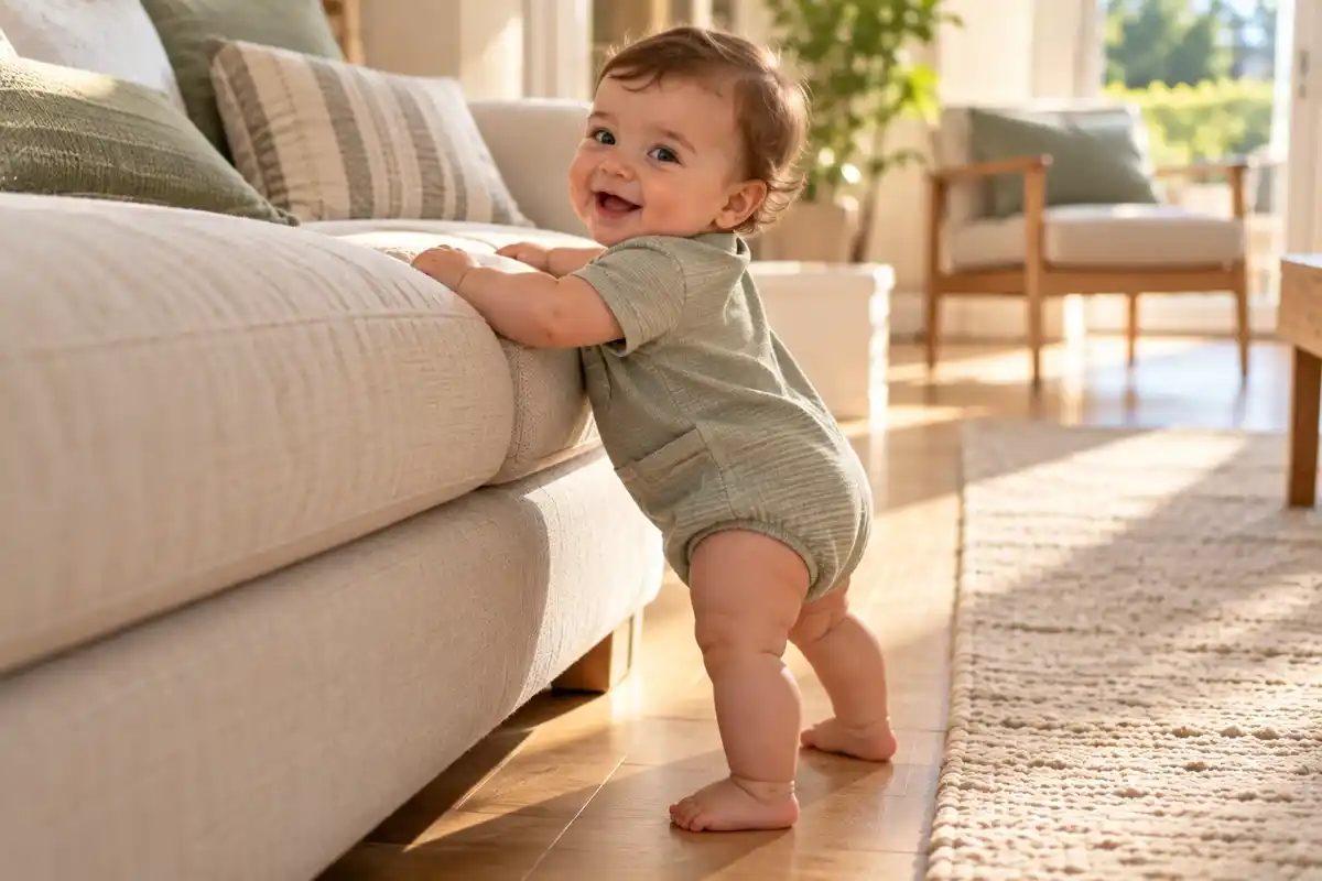 An 11-month-old baby pulling up to stand at the edge of the sofa and smiling over his shoulder