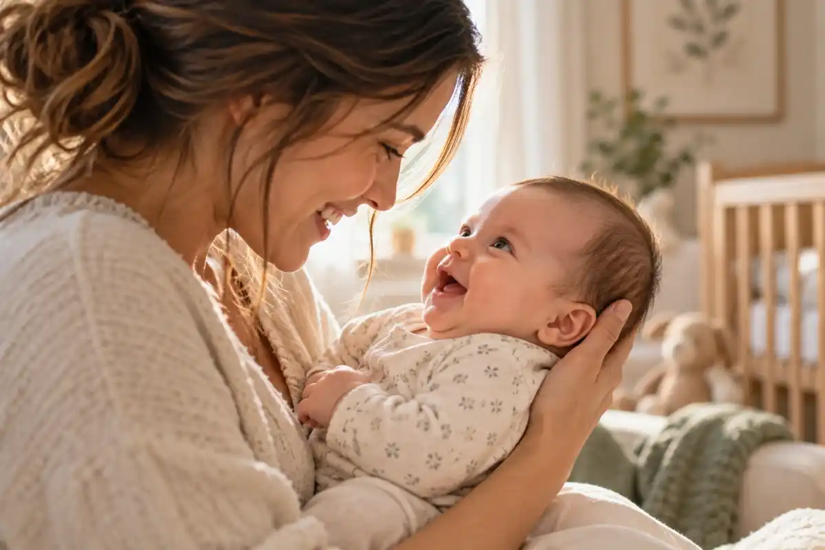 A 2-month-old baby giving a wide first social smile to her mother in a softly lit nursery