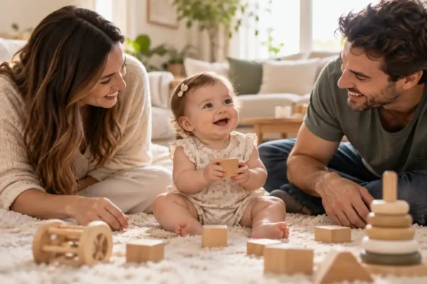 Baby milestones month by month: a 9-month-old baby sitting up on her own, holding a wooden block between her smiling parents