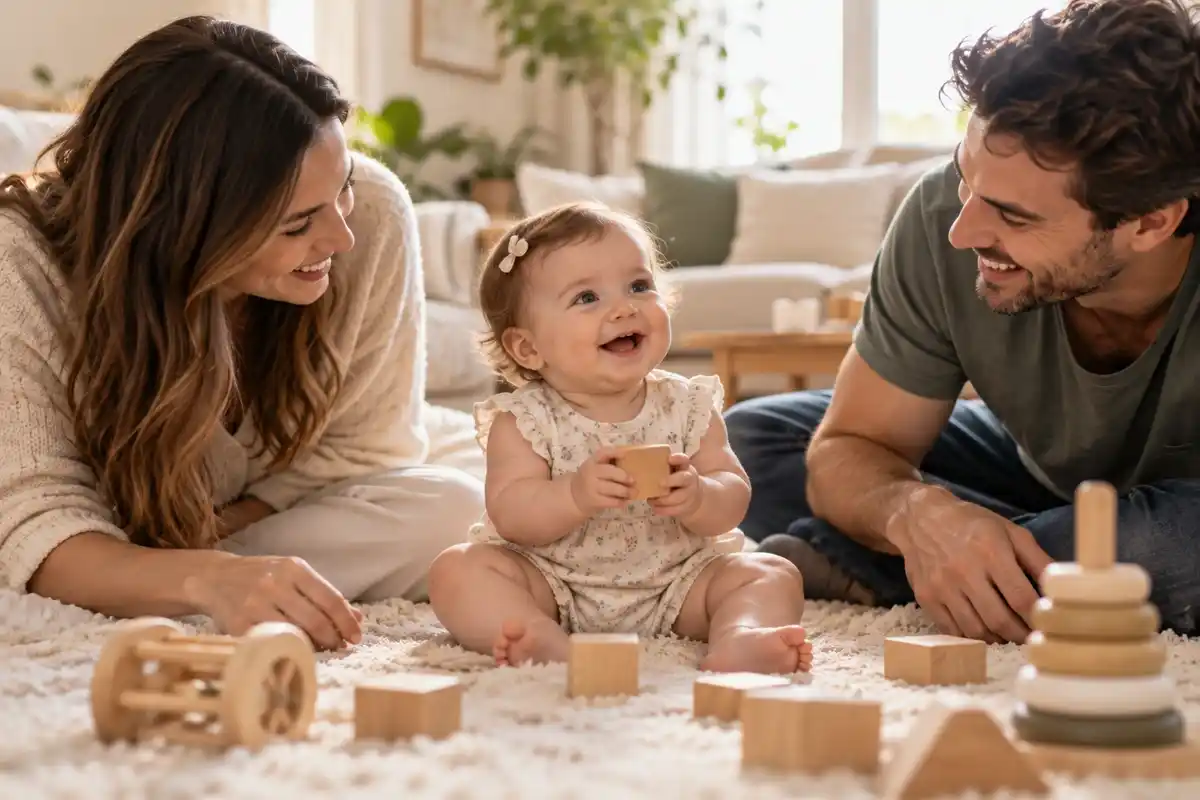 Baby milestones month by month: a 9-month-old baby sitting up on her own, holding a wooden block between her smiling parents