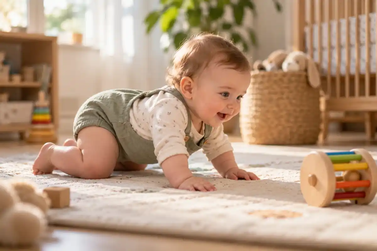An 8-month-old baby on hands and knees on a play mat reaching toward a wooden toy, getting ready to crawl