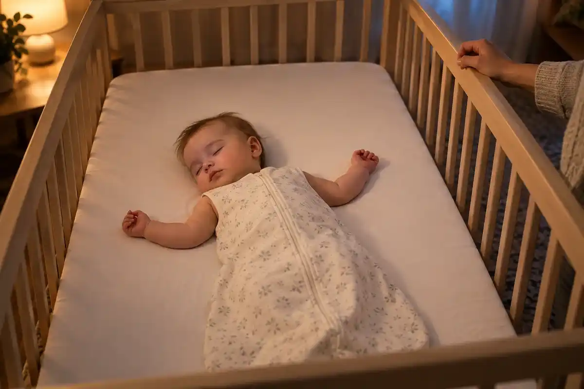 A baby sleeping on her back in a bare crib wearing a sleep sack with arms free, following safe sleep guidelines