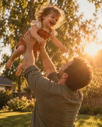 A father lifting his laughing toddler into the air at golden hour