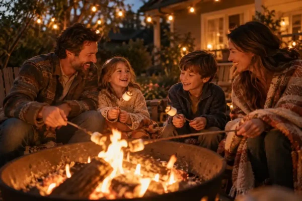 Family traditions: a family roasting marshmallows around a backyard fire pit at dusk