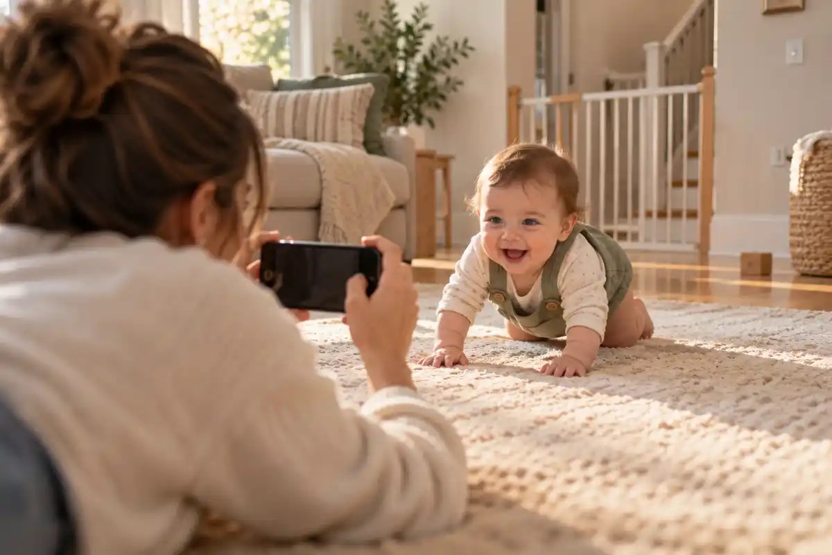A mother lying on the rug filming her smiling baby crawling toward her with a phone held sideways
