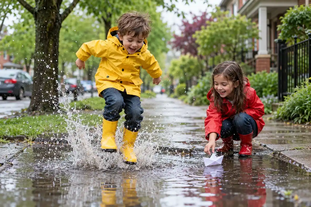 A boy in yellow rain boots jumping in a puddle while his sister floats a paper boat during a light rain