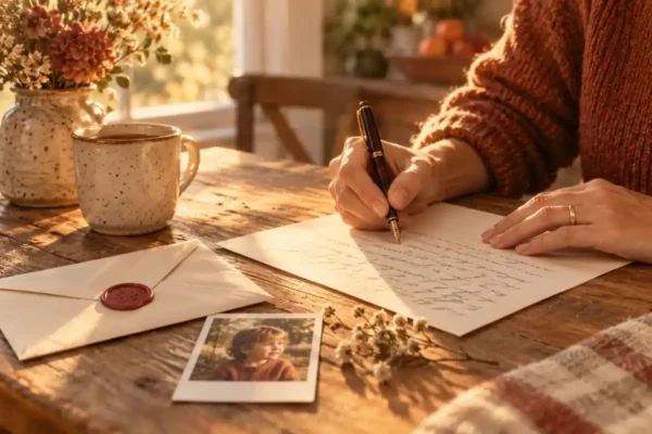 A mother writing a letter to her daughter next to a sealed envelope and a childhood photo