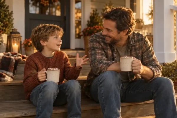 Questions to ask kids: a dad and his son talking on the front porch over mugs of hot cocoa
