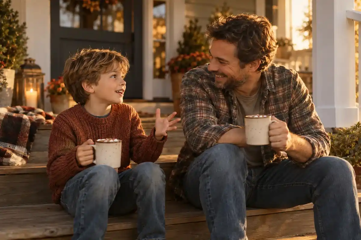 Questions to ask kids: a dad and his son talking on the front porch over mugs of hot cocoa