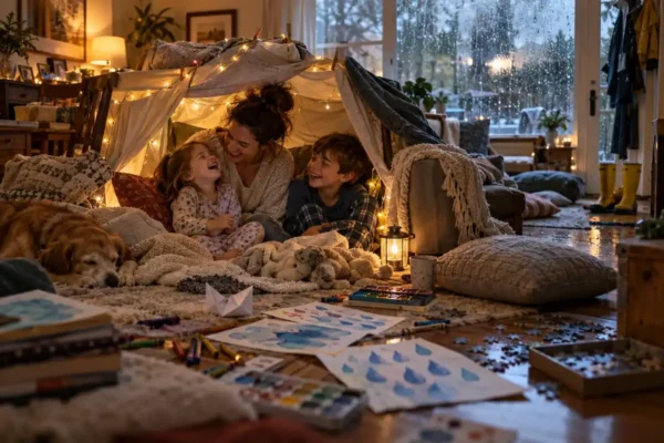 Rainy day activities for kids: a mom and two children laughing in a blanket fort while rain falls outside the window