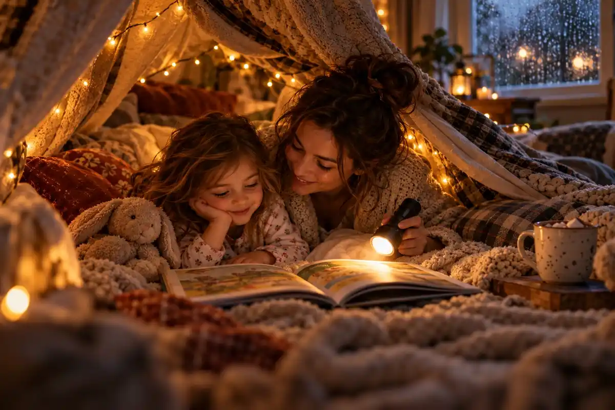 A mother and daughter reading a picture book by flashlight inside a blanket fort on a rainy evening
