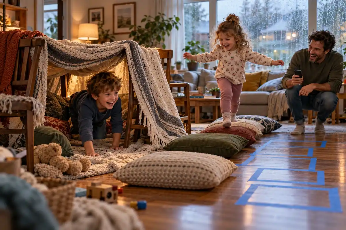 Kids doing an indoor obstacle course on a rainy day, crawling through a blanket tunnel and hopping across cushions