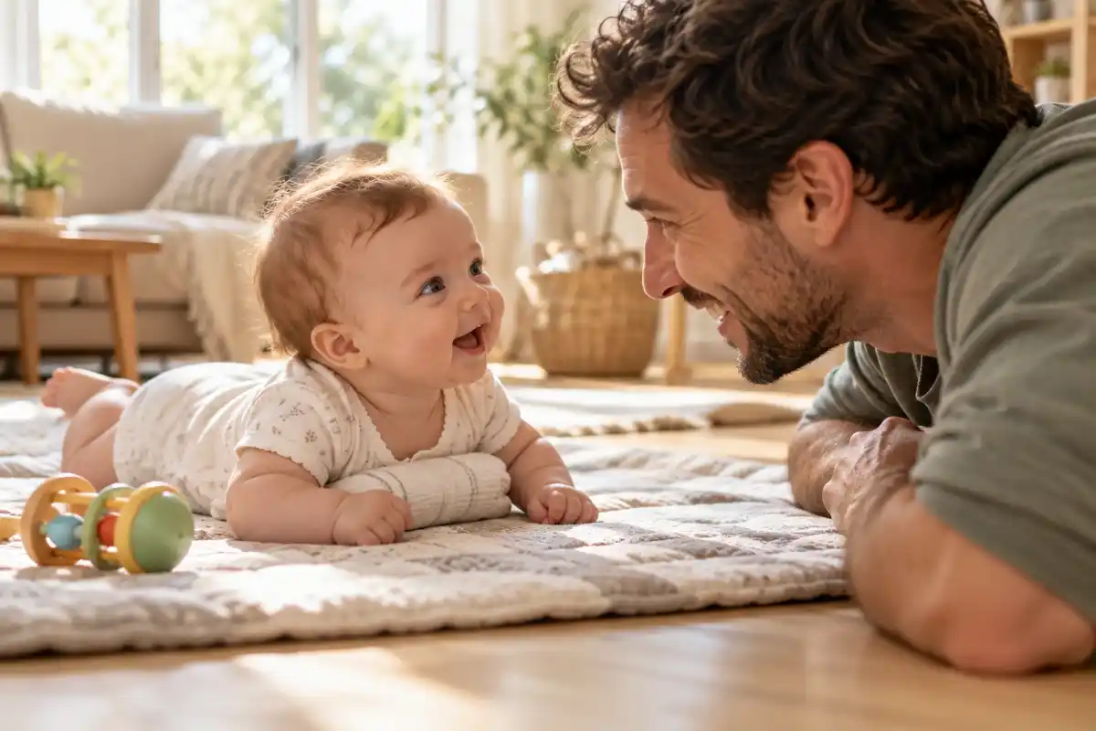 A 3-month-old baby doing tummy time on a play mat, pushing up on forearms and smiling at dad face to face