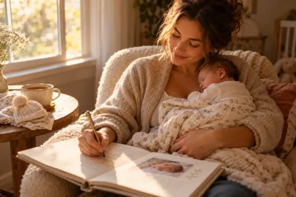 What to write in a baby book: a mother holding her sleeping newborn while writing in a baby memory book