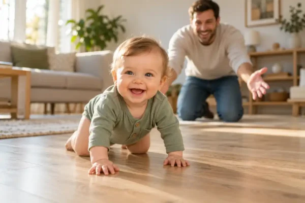 When do babies crawl: a 9-month-old baby crawling on hands and knees toward dad across a wooden floor