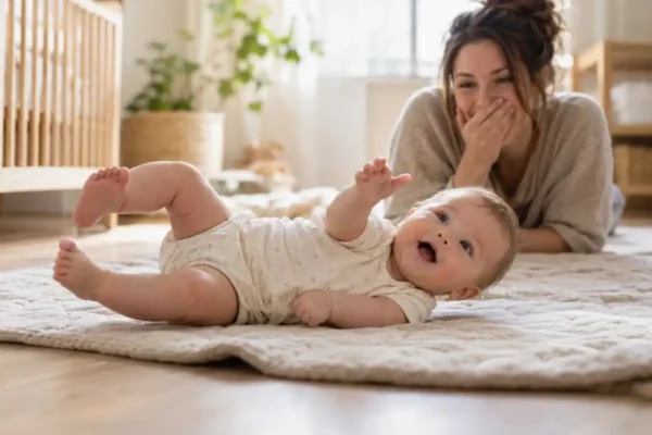 When do babies roll over: a 5-month-old baby rolling from tummy to back on a play mat while mom watches in surprise