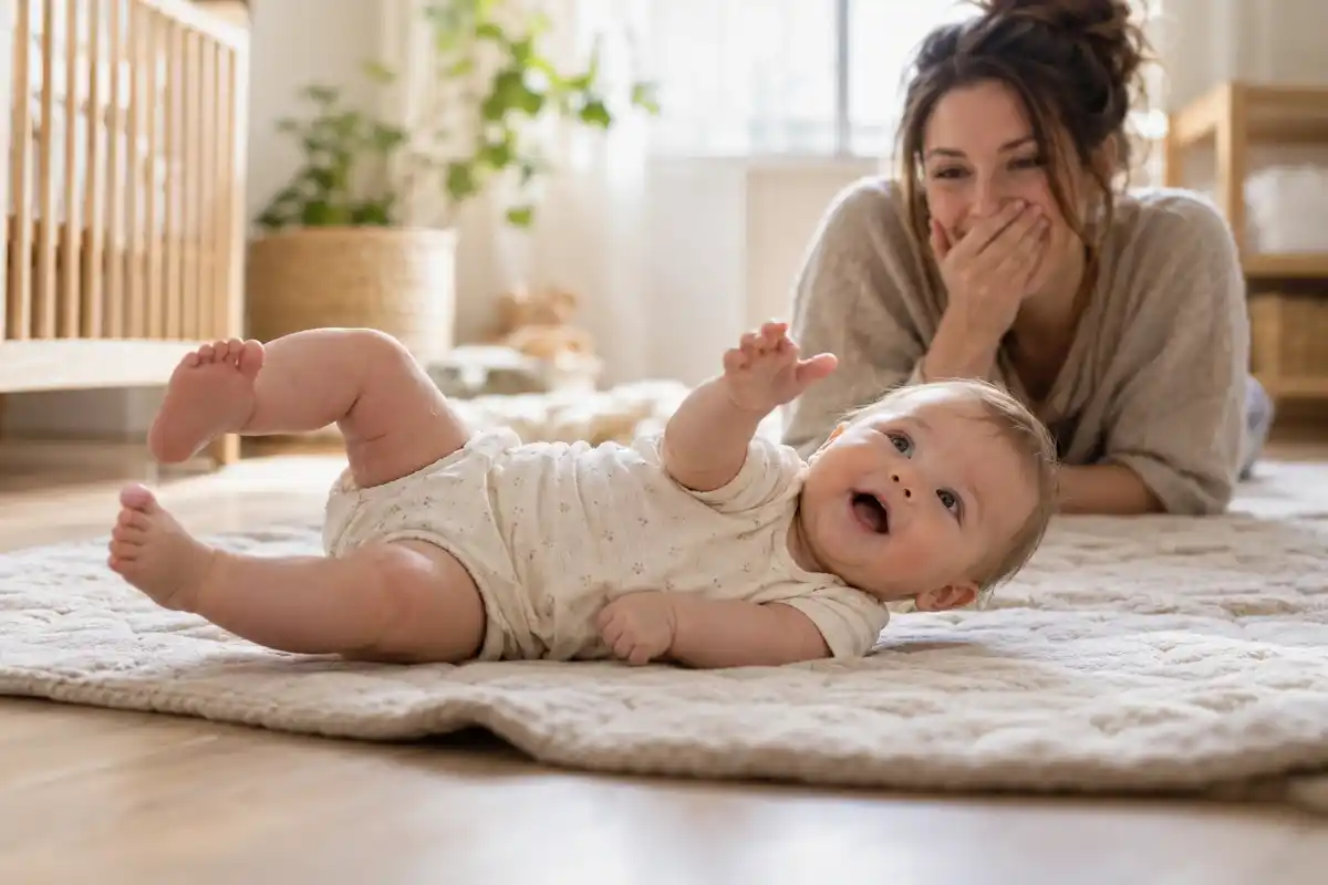 When do babies roll over: a 5-month-old baby rolling from tummy to back on a play mat while mom watches in surprise