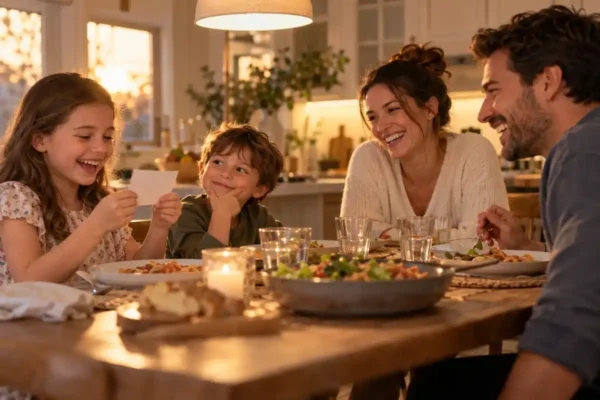 Would you rather questions for kids: a girl reads a question card at the family dinner table while her brother and parents laugh