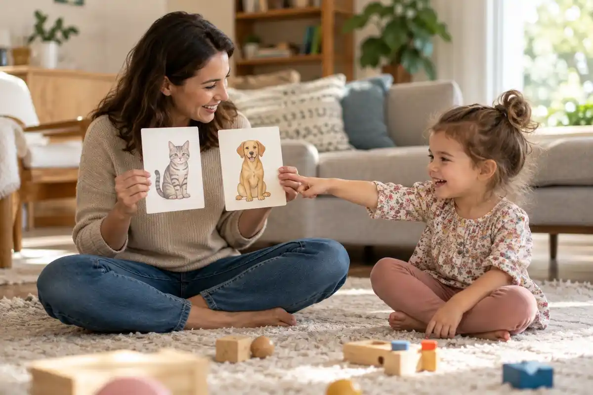 A mother holds up cat and dog picture cards while her toddler points to choose one